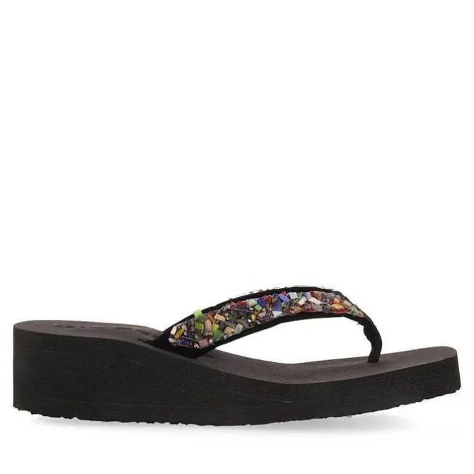 Chancletas<Gioseppo Cuñas De Mujer Destord En Color Negro Con Piedras Decorativas Multicolor