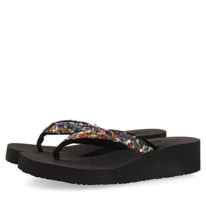 Chancletas<Gioseppo Cuñas De Mujer Destord En Color Negro Con Piedras Decorativas Multicolor