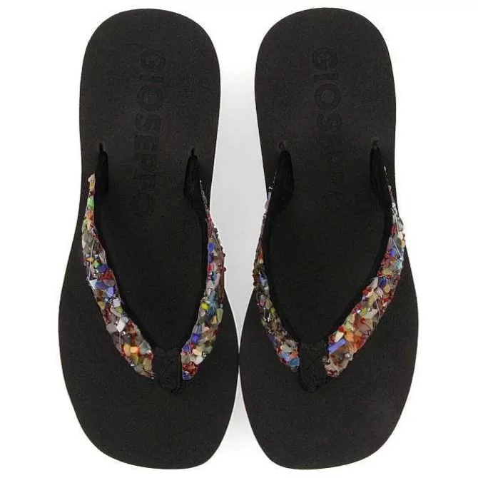 Chancletas<Gioseppo Cuñas De Mujer Destord En Color Negro Con Piedras Decorativas Multicolor