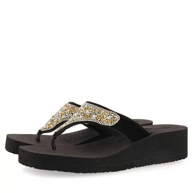 Chancletas<Gioseppo Cuñas De Mujer Dontreix Negras Con Piedras Decorativas Multicolor
