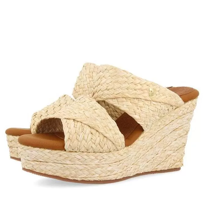 Sandalias Plataforma<Gioseppo Sandalias De Cuña Alta Estilo Mule Color Piel Con Rafia Para Mujer Frazzano
