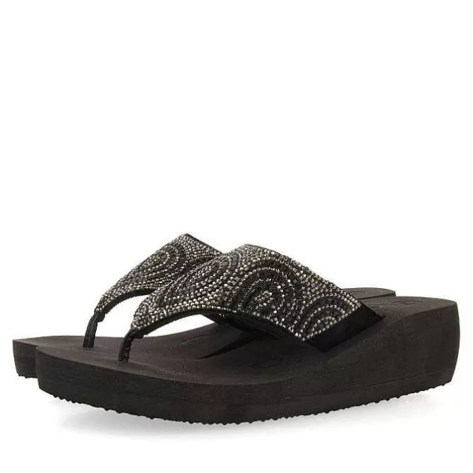 Chancletas<Gioseppo Sandalias De Cuña Negras Con Adornos De Cristal Para Mujer De Buccheri