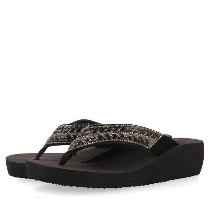 Chancletas<Gioseppo Sandalias De Cuña Negras Con Adornos De Cristal Para Mujer Dispositivos