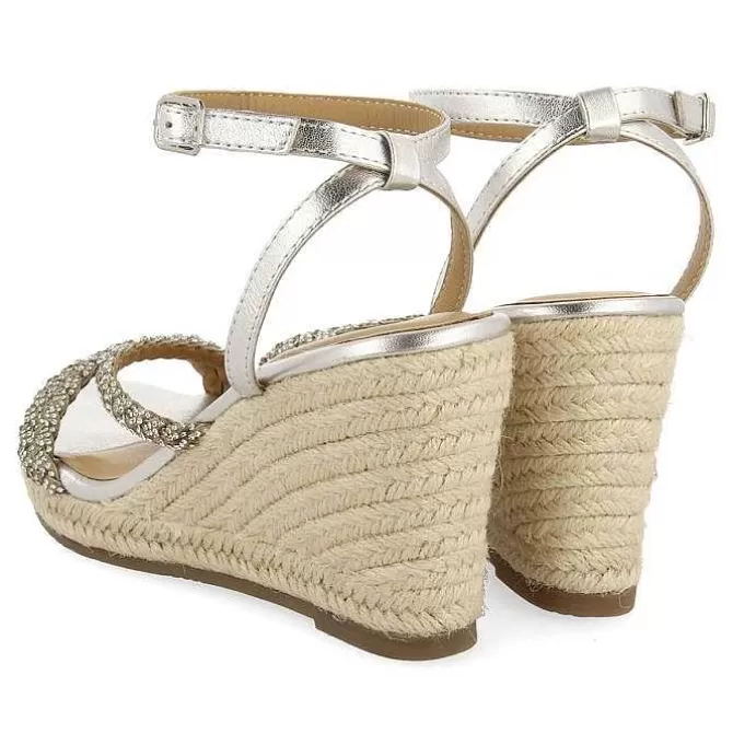Sandalias Cuña<Gioseppo Sandalias De Piel Con Tirantes Plata Con Joyeria Y Cuña Alta De Yute Para Mujer Menfi