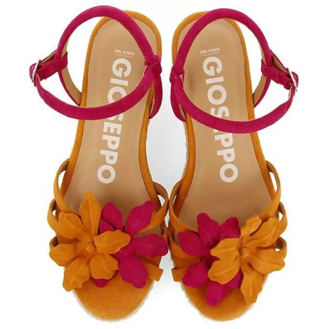 Sandalias Cuña<Gioseppo Sandalias De Piel En Color Fucsia Y Naranja Con Adorno De Flores Y Cuña De Yute Para Mujer Samsula