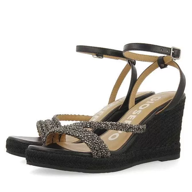 Sandalias Cuña<Gioseppo Sandalias De Piel Negra Con Tiras Con Adornos Y Cuña Alta De Yute Para Mujer Menfi