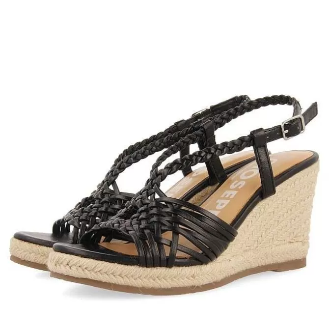Sandalias Cuña<Gioseppo Sandalias De Piel Negra Con Tiras Y Cuña Alta De Yute Para Mujer Glide