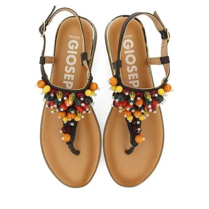 Sandalias Planas<Gioseppo Sandalias De Piel Negras Con Adornos Multicolor Para Mujer Leucate