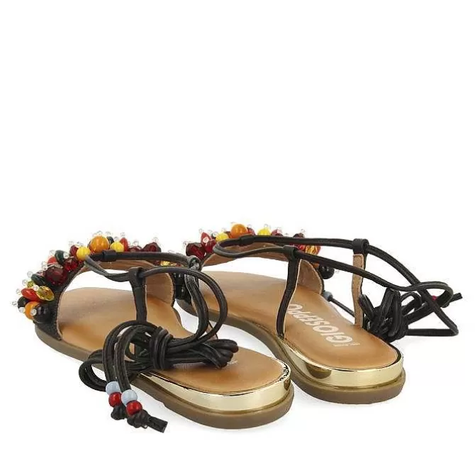 Sandalias Planas<Gioseppo Sandalias De Piel Negras Con Adornos Y Tiras Multicolor Para Mujer Klos