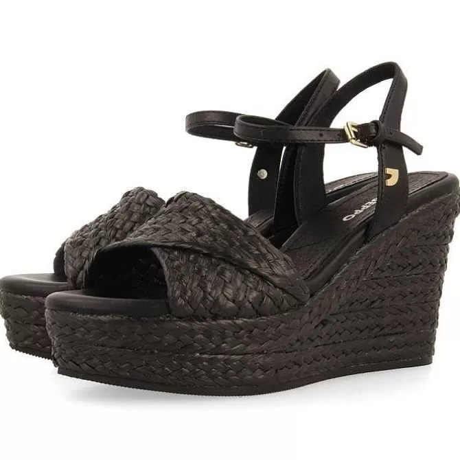 Sandalias Cuña<Gioseppo Sandalias De Rafia Negras Con Cuña Y Plataforma Mujer Allkaj