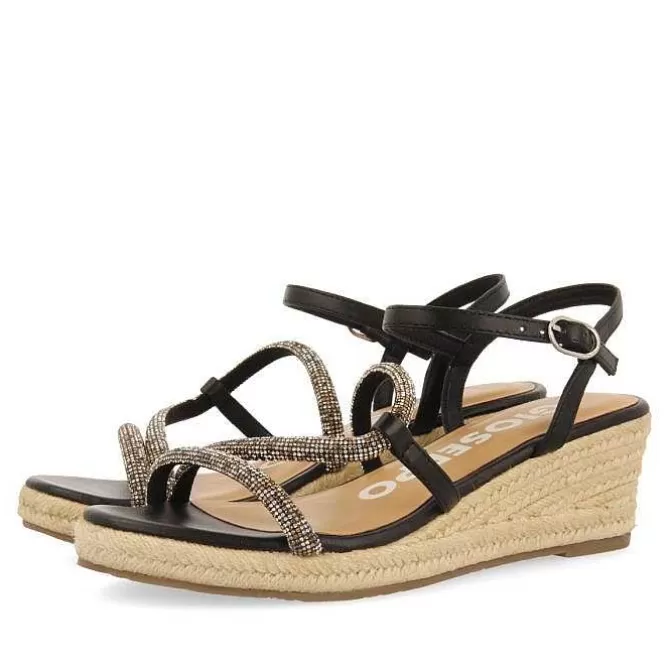 Sandalias Cuña<Gioseppo Sandalias Negras Con Tiras De Cristal Multicolor Y Cuña De Yute Para Mujer Catania