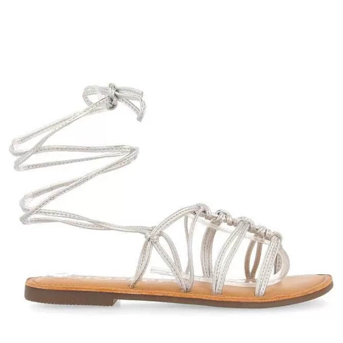 Sandalias Planas<Gioseppo Sandalias Planas De Mujer Kern De Piel Plateada Con Tiras Finas Y Nudos Decorativos
